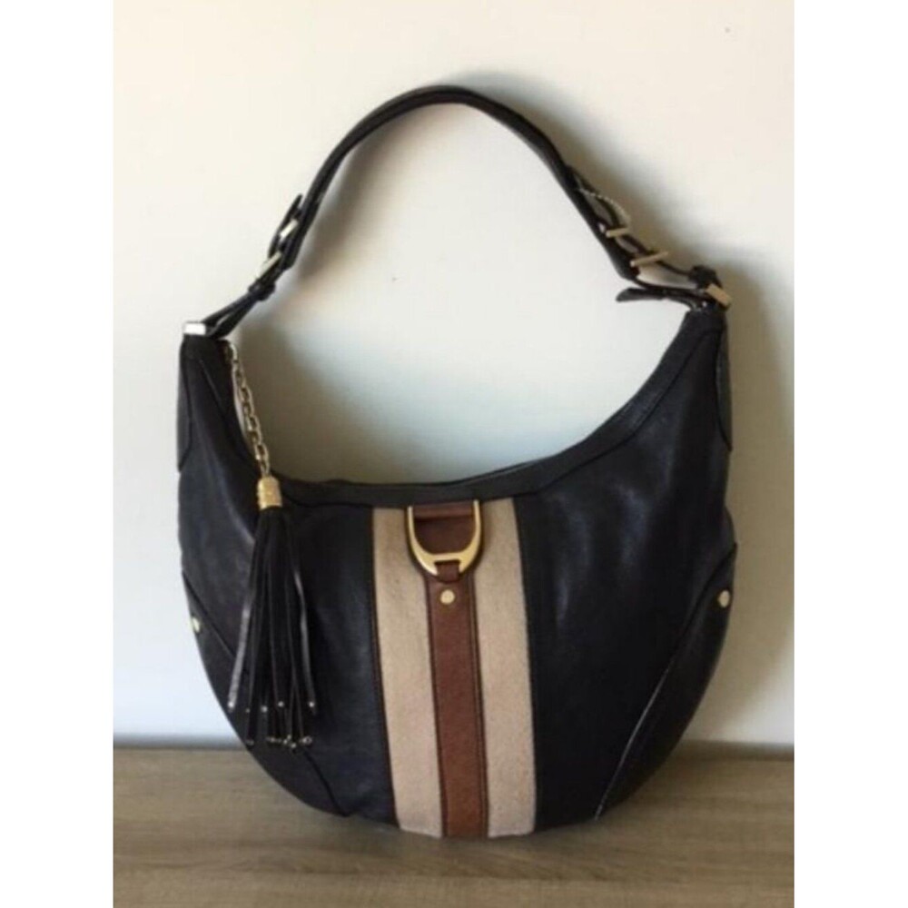 Cole Haan Hobo Shoulder Bag Black Pebbled Leather Tan Stripe Boho Chic